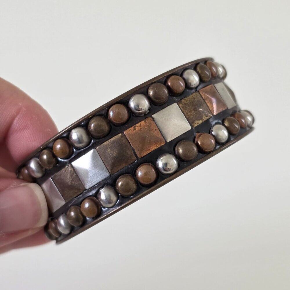 Vintage Wide Mixed Metal Studded Bangle Bracelet Copper Brass Silver One Size - Picture 6 of 11
